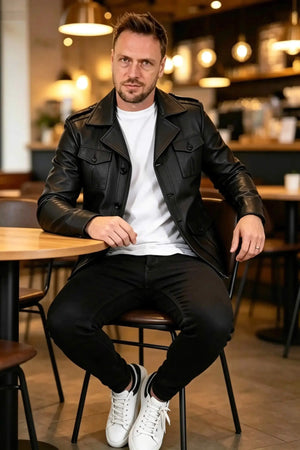 ALiN Harrison Düğmeli Deri Ceket Erkek, Siyah Hakiki Deri Bele Oturmalı