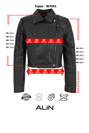 Alin Deri - Topaz Siyah Crop Hakiki Deri Ceket Kadın Beden Grafiği