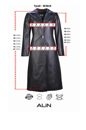 Alin Deri - Tyrell Siyah Uzun Hakiki Deri Pardesü Kadın Beden Grafigi