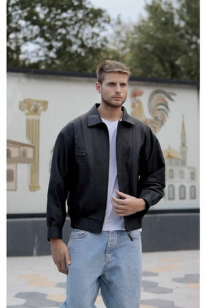 Oversize Deri Ceket Erkek, Siyah Hakiki Deri