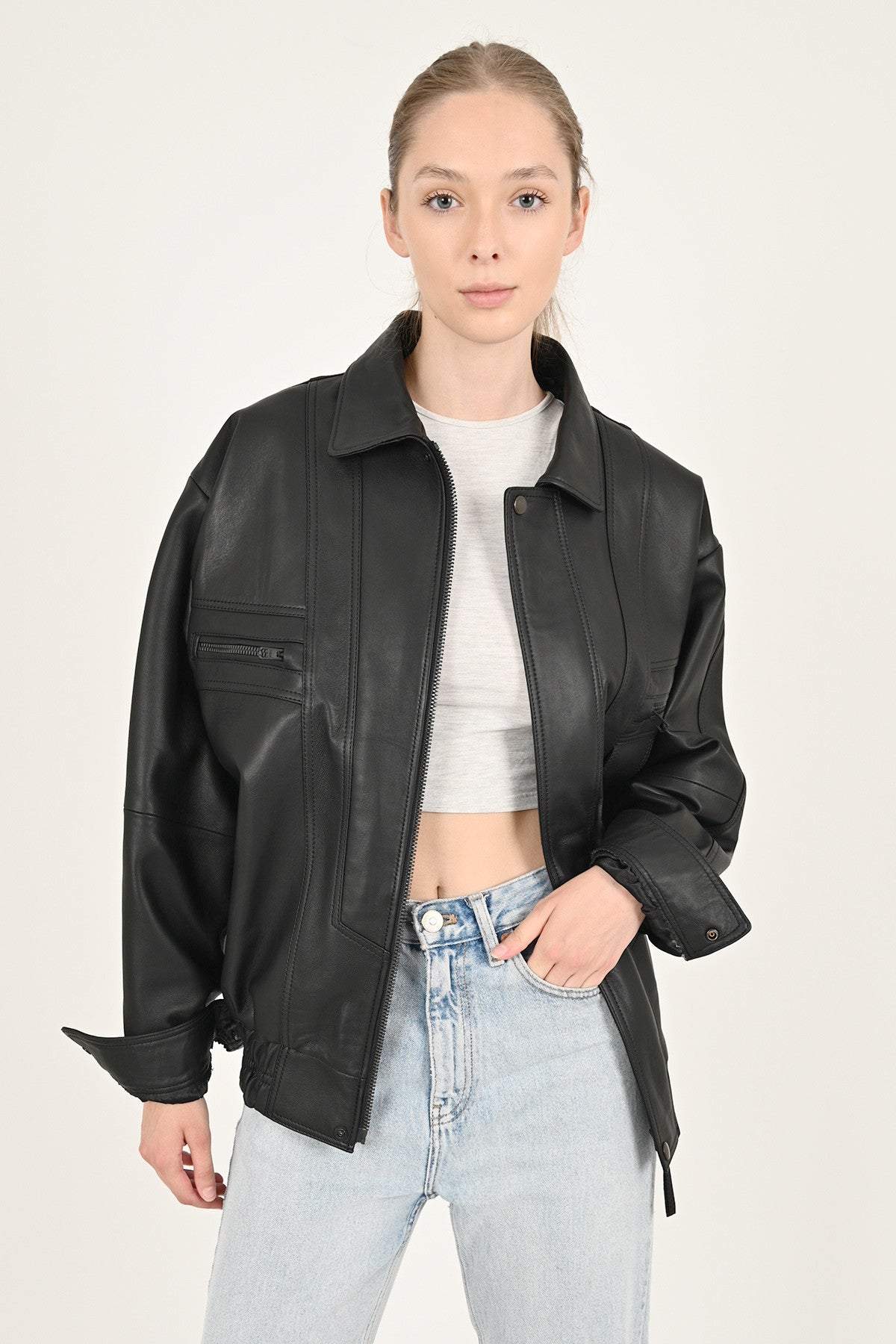 Alin Deri - Beirut Oversize Siyah Vintage Hakiki Deri Mont Kadın