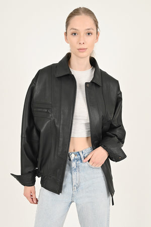 Alin Deri - Beirut Oversize Siyah Vintage Hakiki Deri Mont Kadın