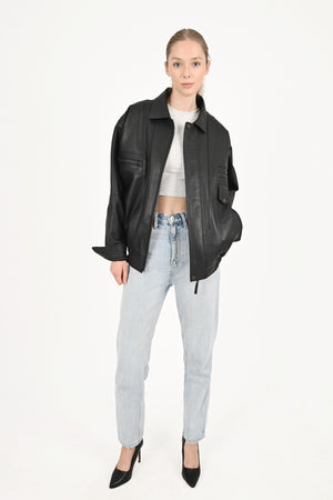 Alin Deri - Beirut Oversize Siyah Vintage Hakiki Deri Mont Kadın