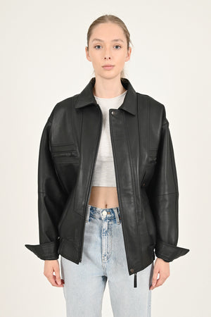 Alin Deri - Beirut Oversize Siyah Vintage Hakiki Deri Mont Kadın