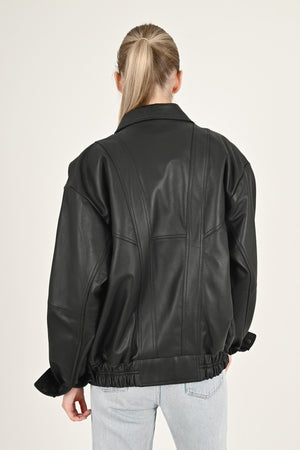 Alin Deri - Beirut Oversize Siyah Vintage Hakiki Deri Mont Kadın