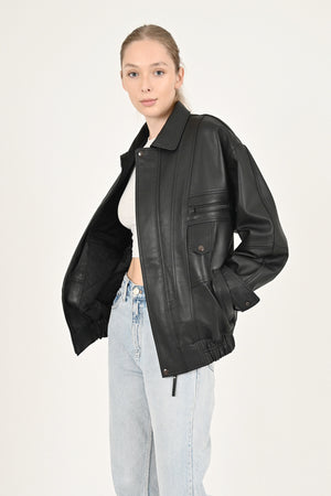 Alin Deri - Beirut Oversize Siyah Vintage Hakiki Deri Mont Kadın