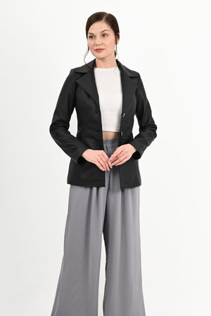 Alin Deri - Brienne Siyah Blazer Hakiki Deri Ceket Kadın