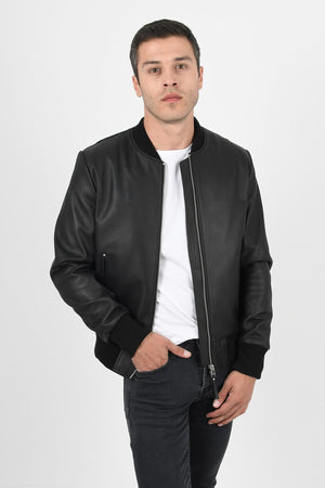 Alin Deri - College Siyah Trikolu Hakiki Deri Ceket Erkek