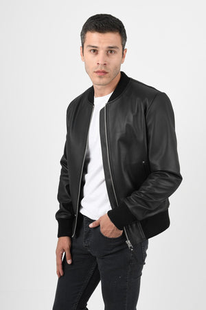 Alin Deri - College Siyah Trikolu Hakiki Deri Ceket Erkek