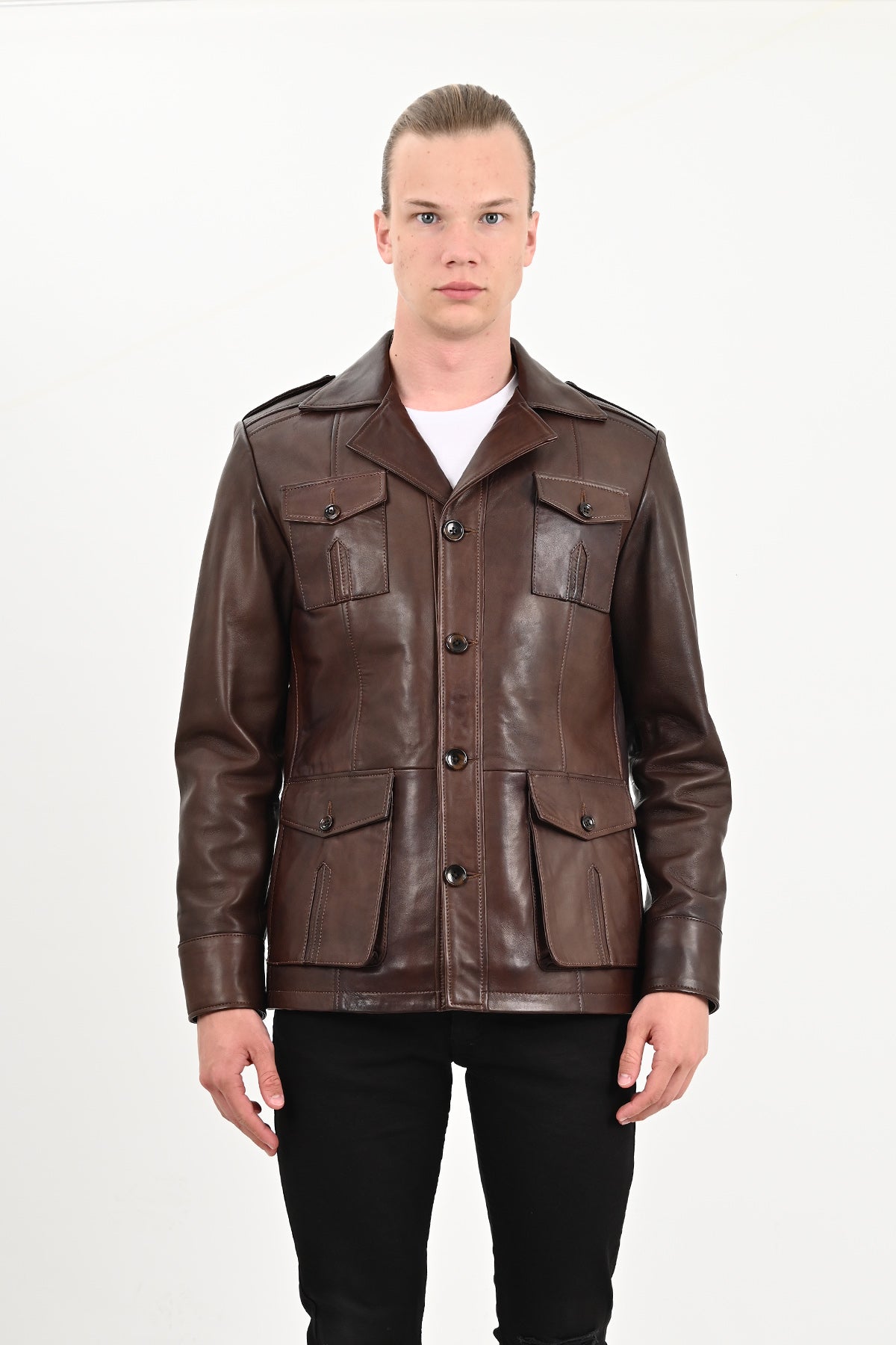 Kahve Deri Ceket Erkek Düğmeli Harrison, Hakiki Deri Bele Oturmalı