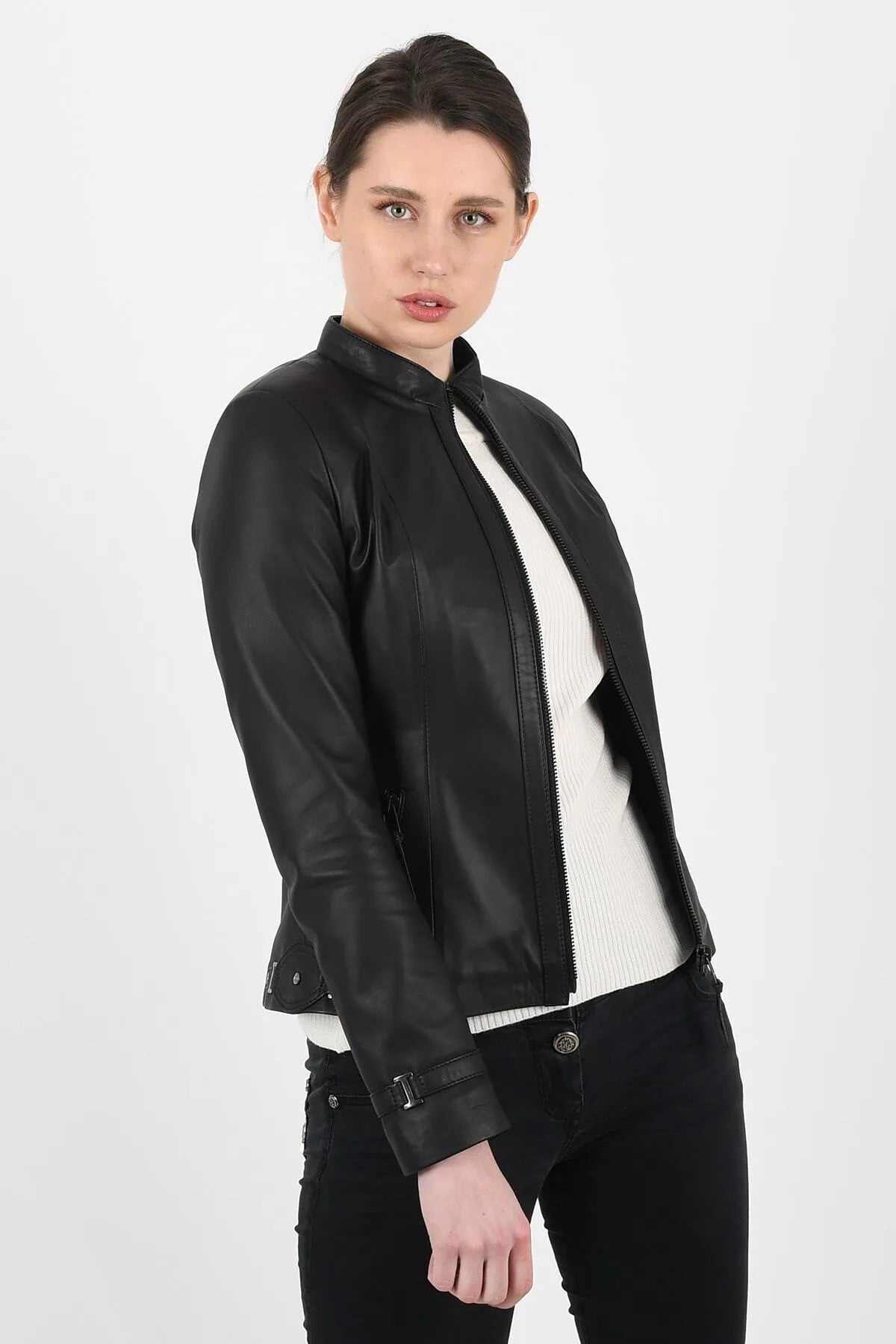 Alin Deri - Kibyra Siyah Fit Hakiki Deri Ceket Kadın