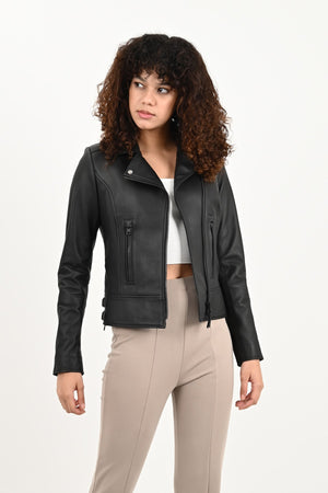 Liberty Kadın Biker Deri Ceket, Siyah Gerçek Deri