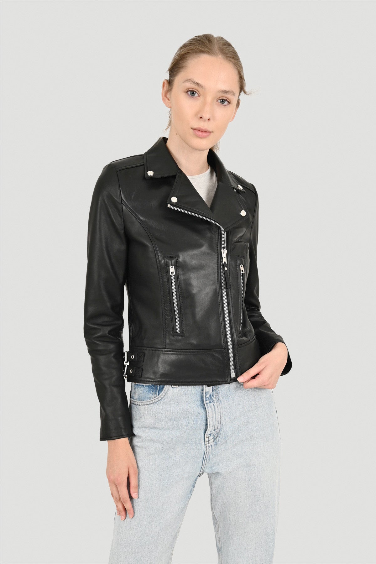 Alin Deri - Liberty Siyah Biker Hakiki Deri Mont Kadın