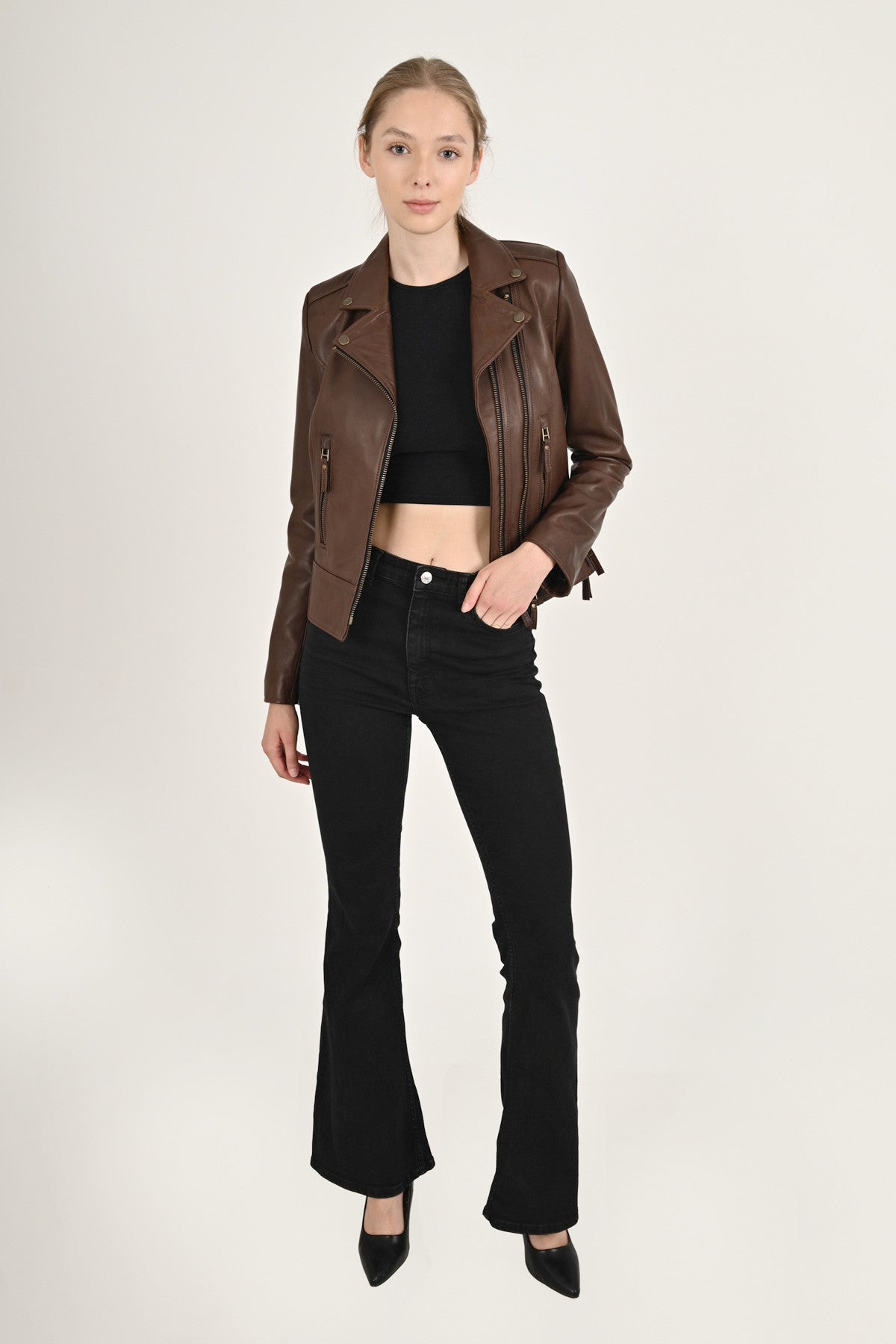 Alin Deri - Liberty Wax Kahve Biker Hakiki Deri Mont Kadın