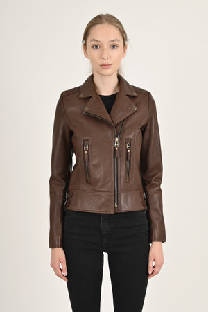 Alin Deri - Liberty Wax Kahve Biker Hakiki Deri Mont Kadın