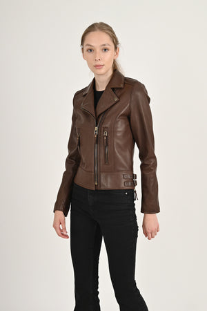 Alin Deri - Liberty Wax Kahve Biker Hakiki Deri Mont Kadın