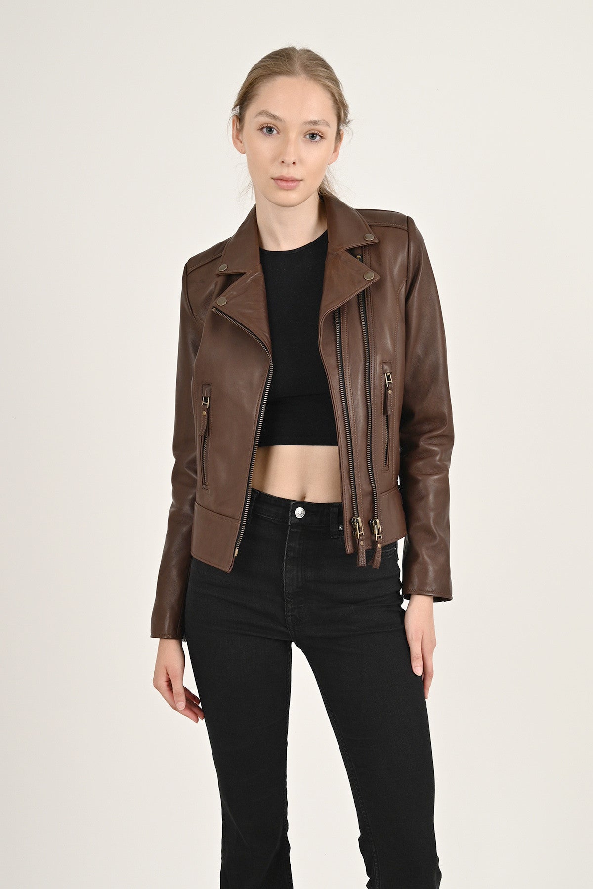 Alin Deri - Liberty Wax Kahve Biker Hakiki Deri Mont Kadın