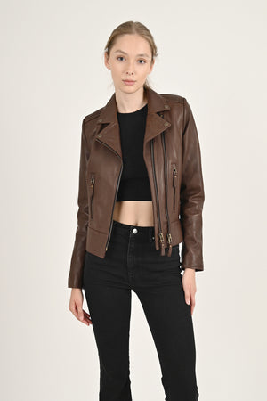 Alin Deri - Liberty Wax Kahve Biker Hakiki Deri Mont Kadın