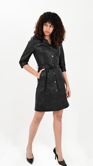 Alin Deri - Perry Siyah Kollu Hakiki Deri Elbise