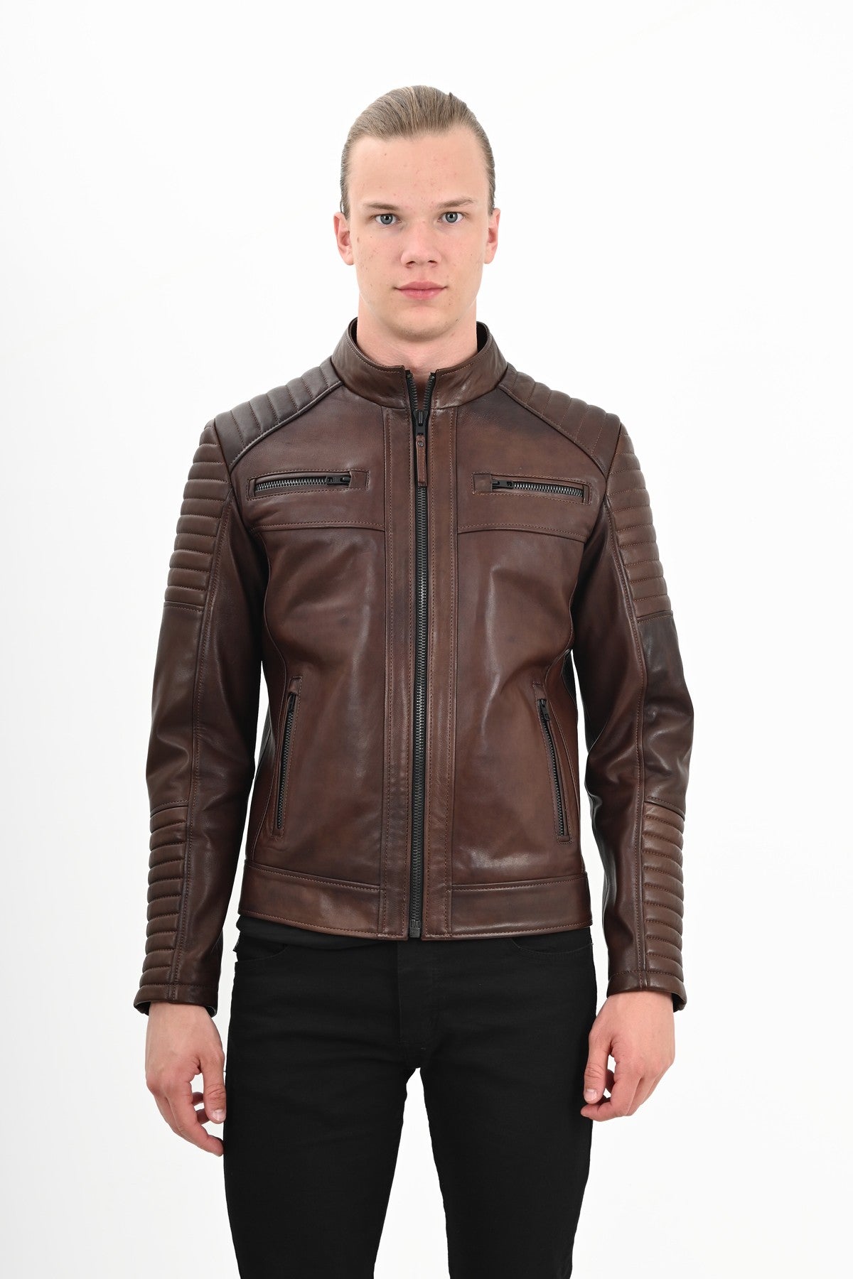 Alin Deri - Sandor Fermuarlı Wax Kahve Hakiki Deri Ceket Erkek