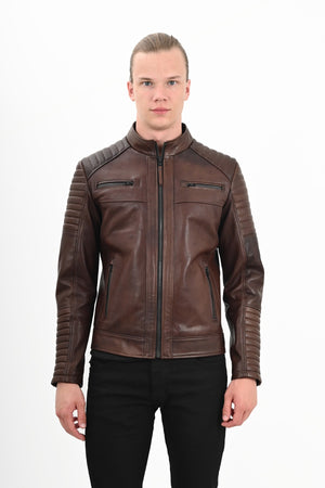 Alin Deri - Sandor Fermuarlı Wax Kahve Hakiki Deri Ceket Erkek