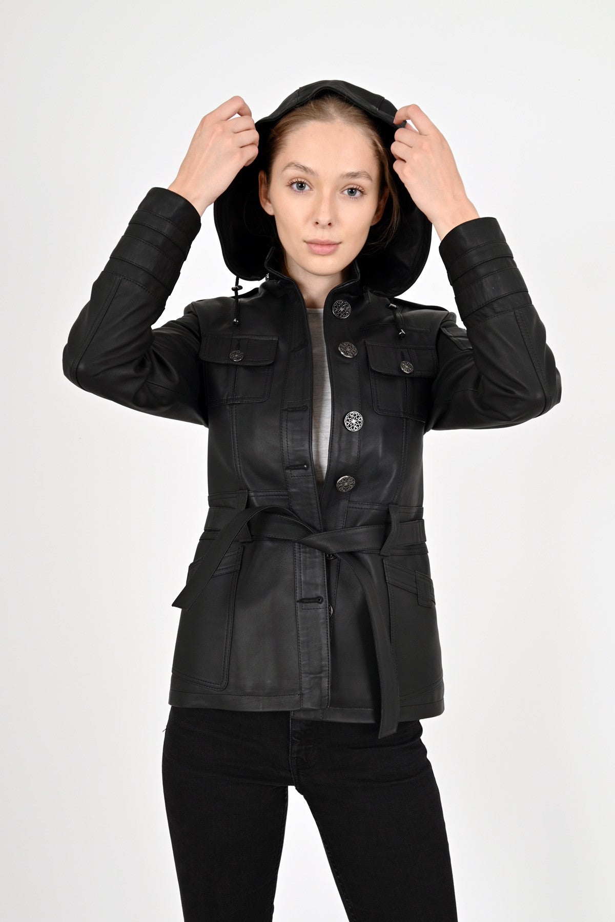 Alin Deri - Sansa Kapüşonlu Siyah Hakiki Deri Ceket Kadın