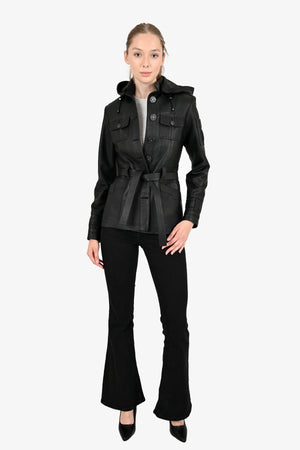 Alin Deri - Sansa Kapüşonlu Siyah Hakiki Deri Ceket Kadın