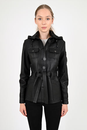 Alin Deri - Sansa Kapüşonlu Siyah Hakiki Deri Ceket Kadın