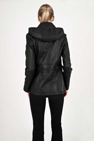Alin Deri - Sansa Kapüşonlu Siyah Hakiki Deri Ceket Kadın