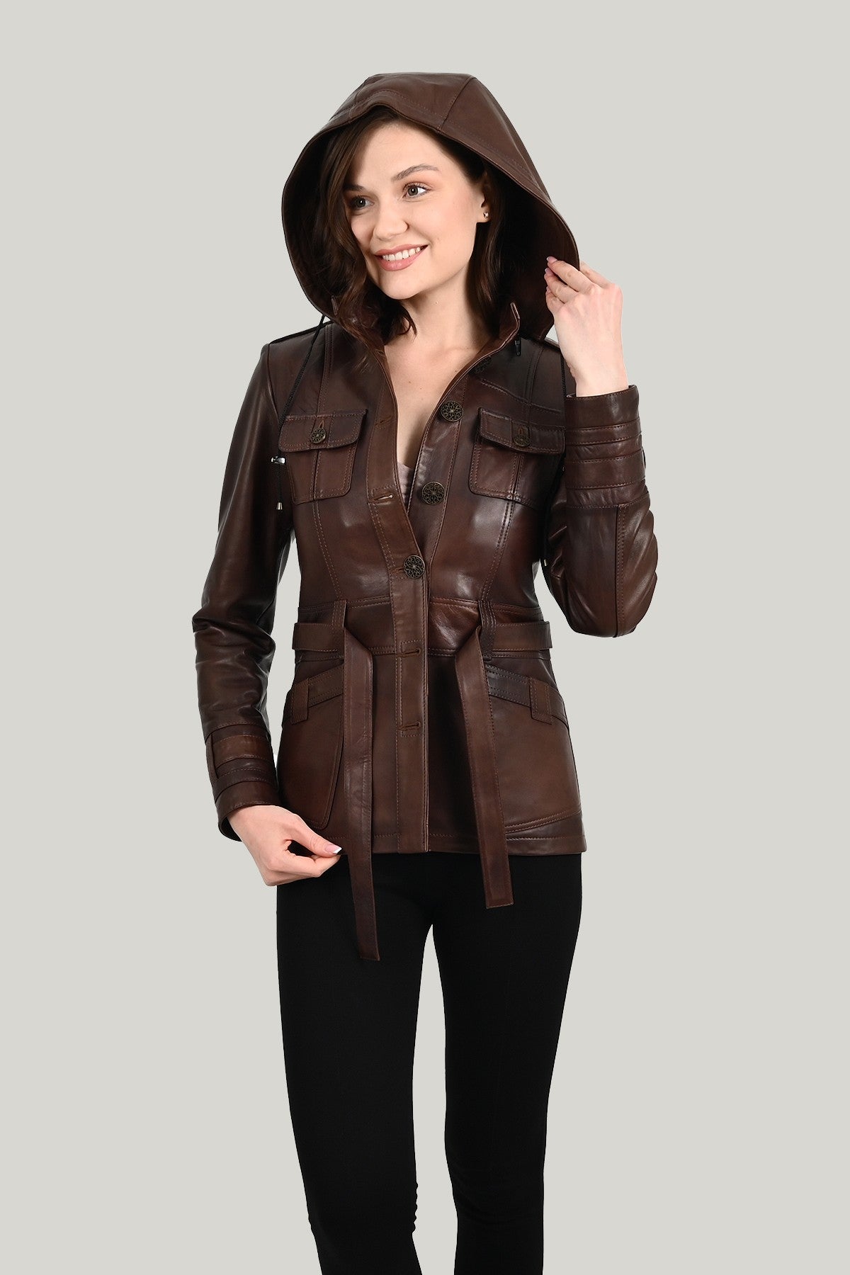 Alin Deri - Sansa Kapüşonlu Wax Kahve Hakiki Deri Ceket Kadın