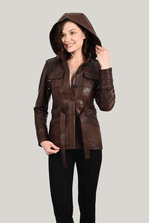 Kapüşonlu Deri ceket Kadın Sansa, Kahve Gerçek Deri