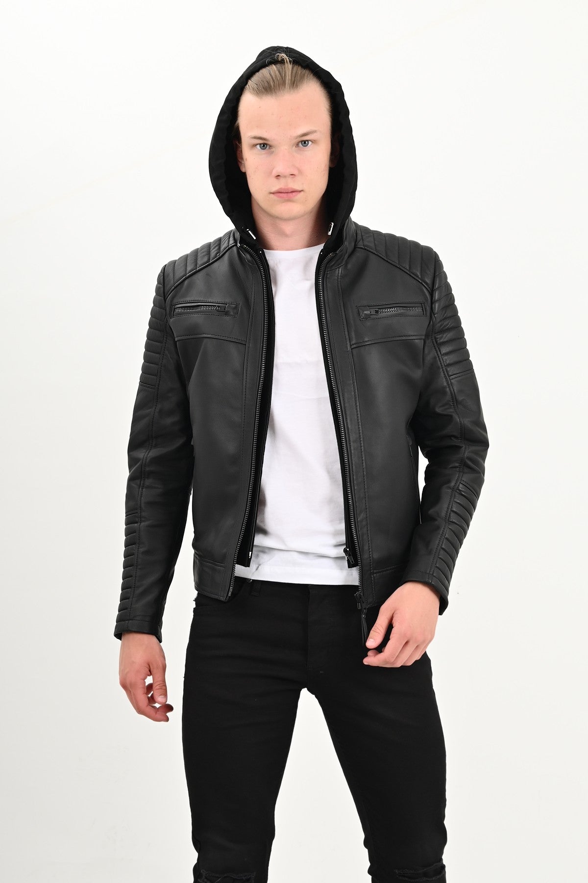 Alin Deri - Sherwood Kapüşonlu Siyah Hakiki Deri Ceket Erkek