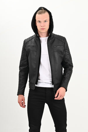 Alin Deri - Sherwood Kapüşonlu Siyah Hakiki Deri Ceket Erkek