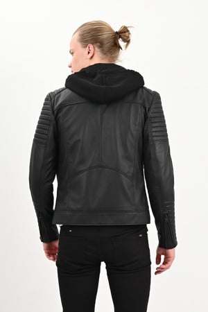 Alin Deri - Sherwood Kapüşonlu Siyah Hakiki Deri Ceket Erkek