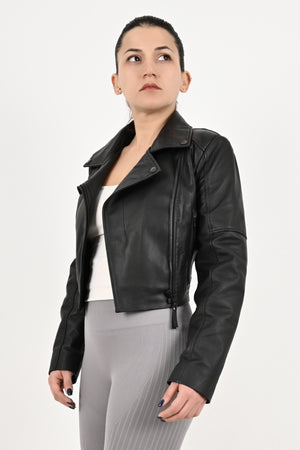 Alin Deri - Topaz Siyah Crop Hakiki Deri Ceket Kadın