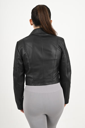 Alin Deri - Topaz Siyah Crop Hakiki Deri Ceket Kadın