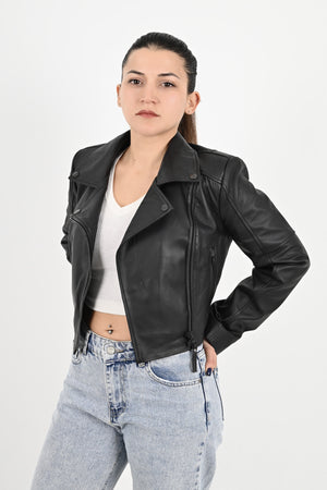 Alin Deri - Topaz Siyah Crop Hakiki Deri Ceket Kadın