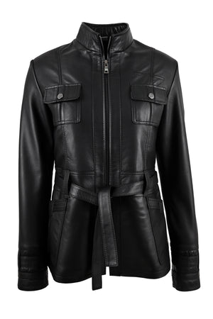Yara Kemerli Deri Ceket Kadın, Siyah Gerçek Deri