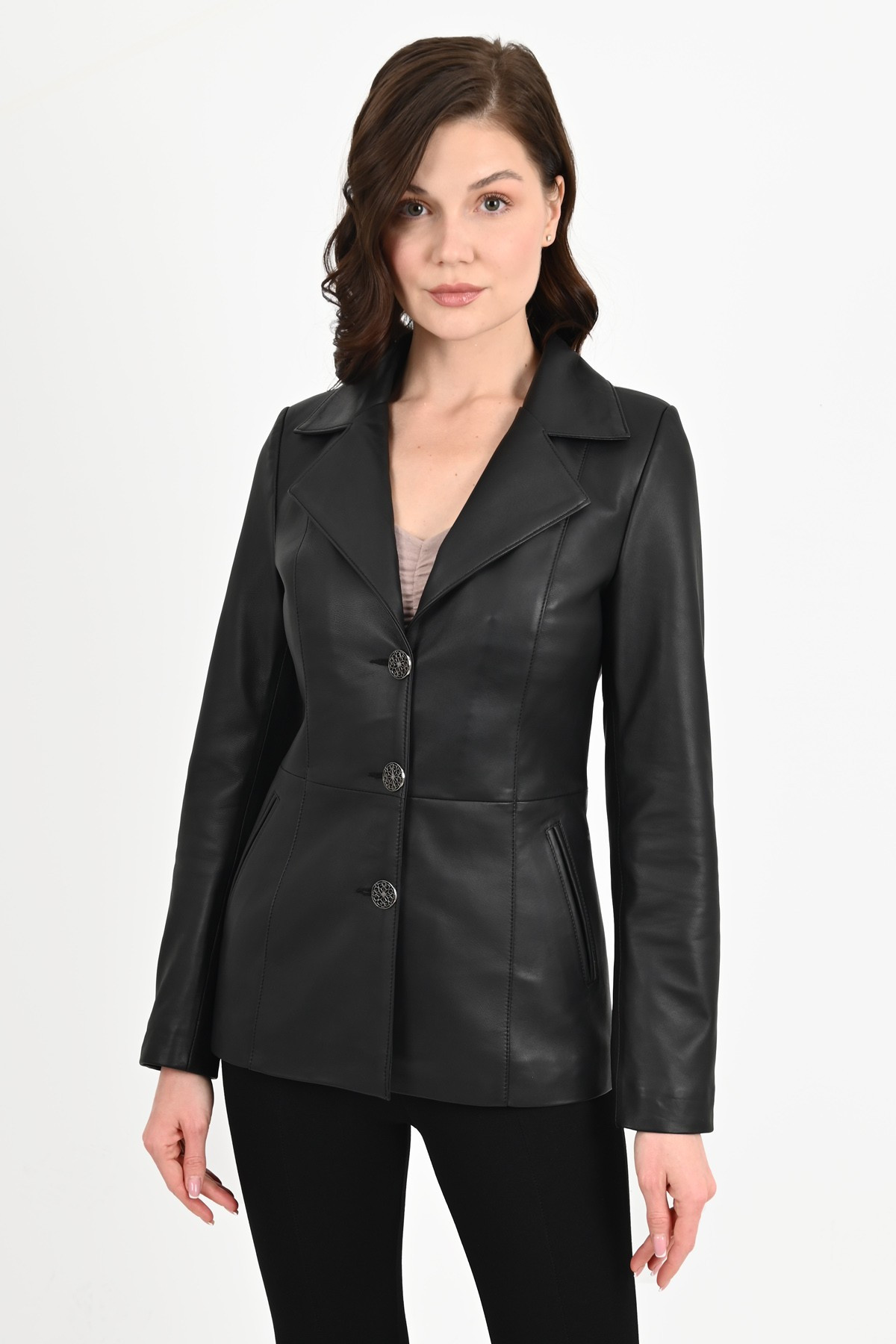 Brienne Hakiki Deri Siyah Blazer Deri Ceket Kadın