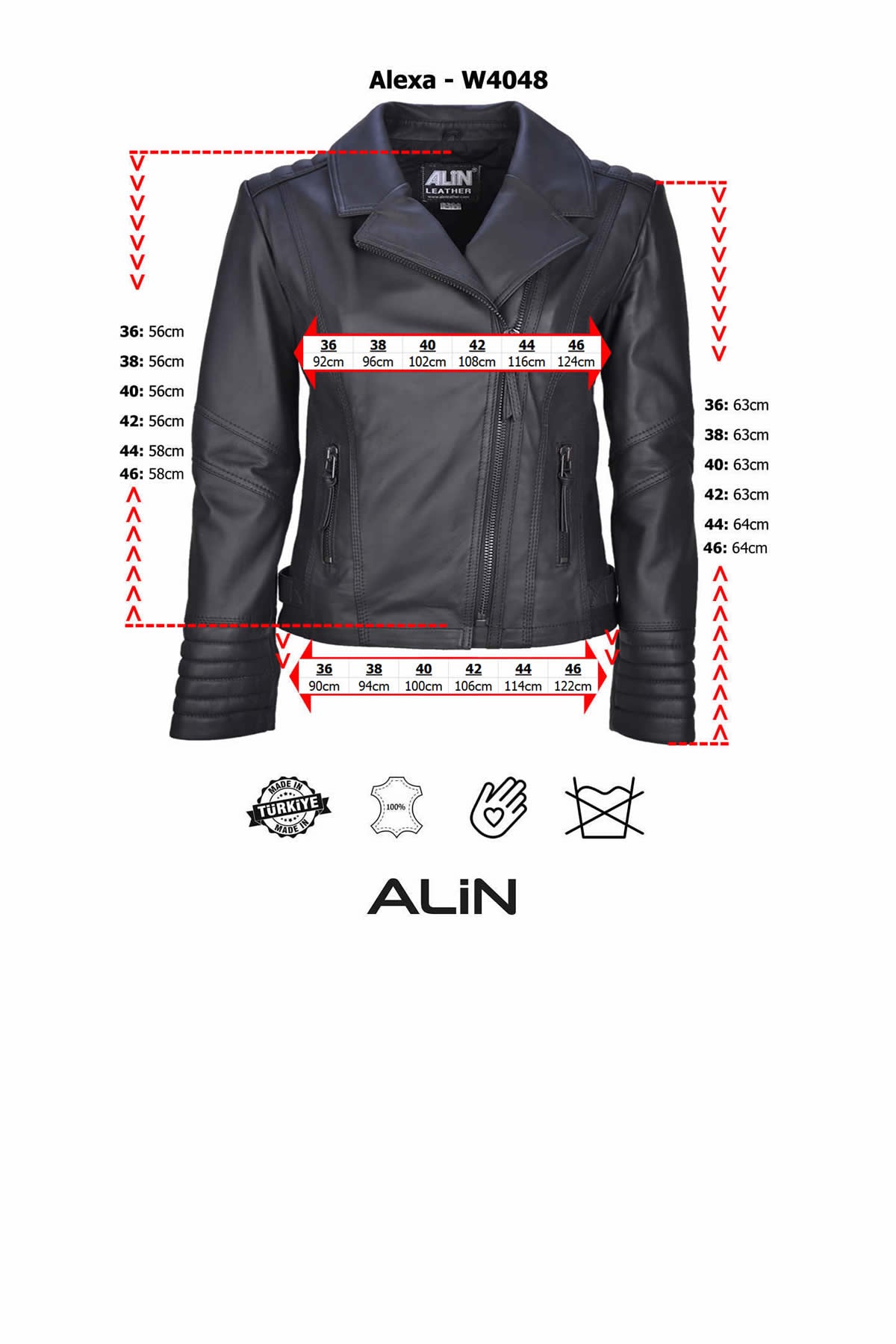 Alin Deri - Alexa Biker Kadın Hakiki Deri Mont Beden Grafiği