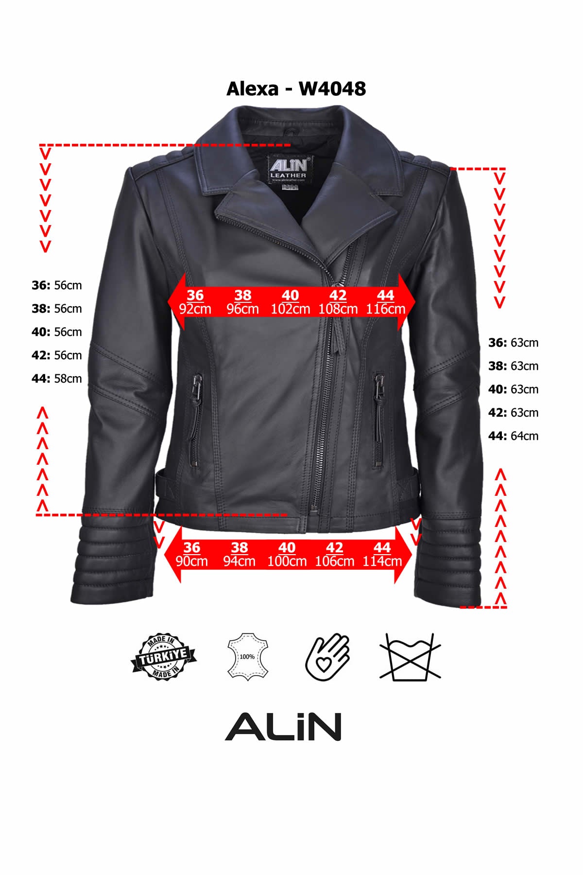 Alin Deri - Alexa Beyaz Biker Kadın Hakiki Deri Mont Beden Grafiği