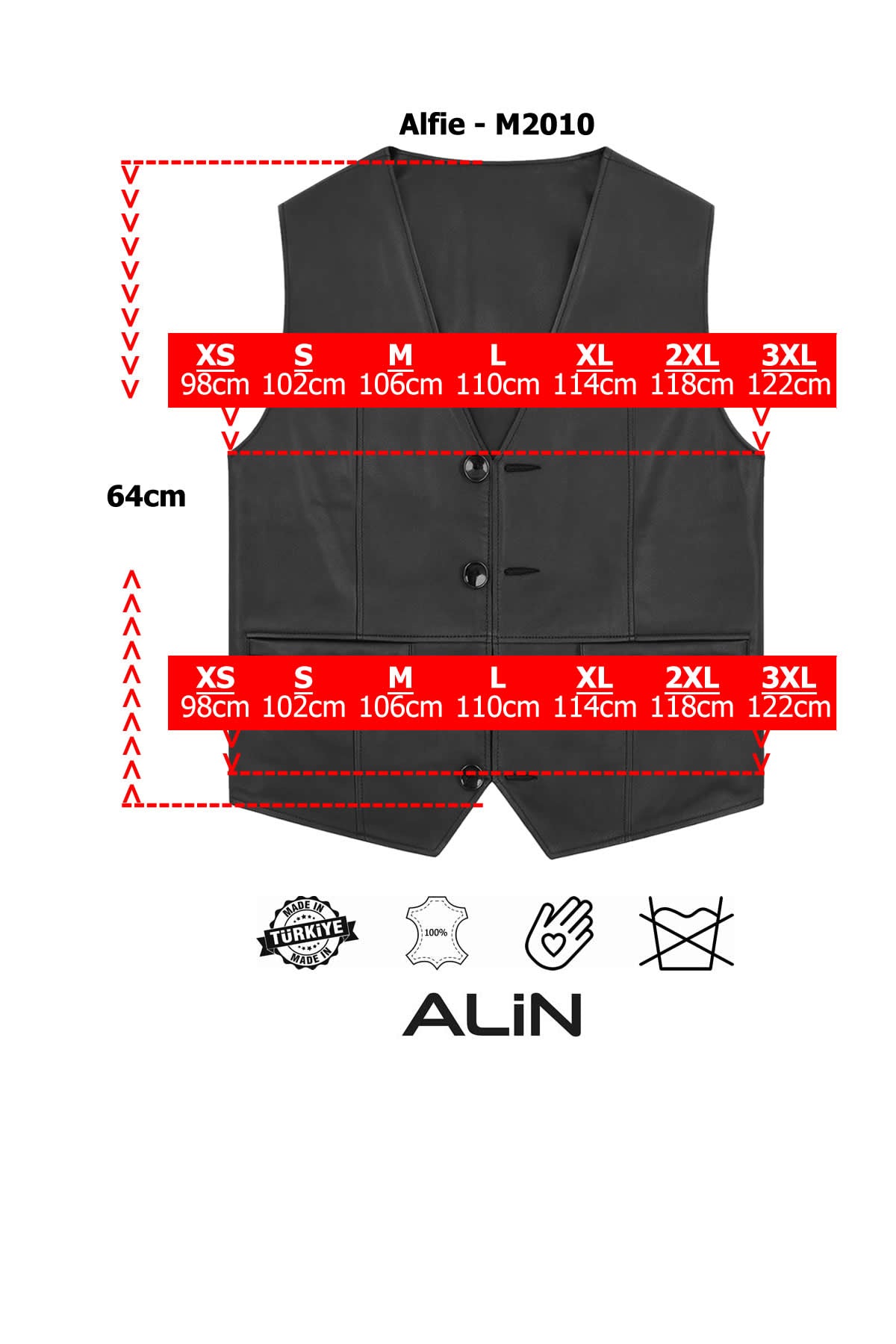 Alin Deri - Alfie Erkek Hakiki Deri Yelek Beden Grafiği