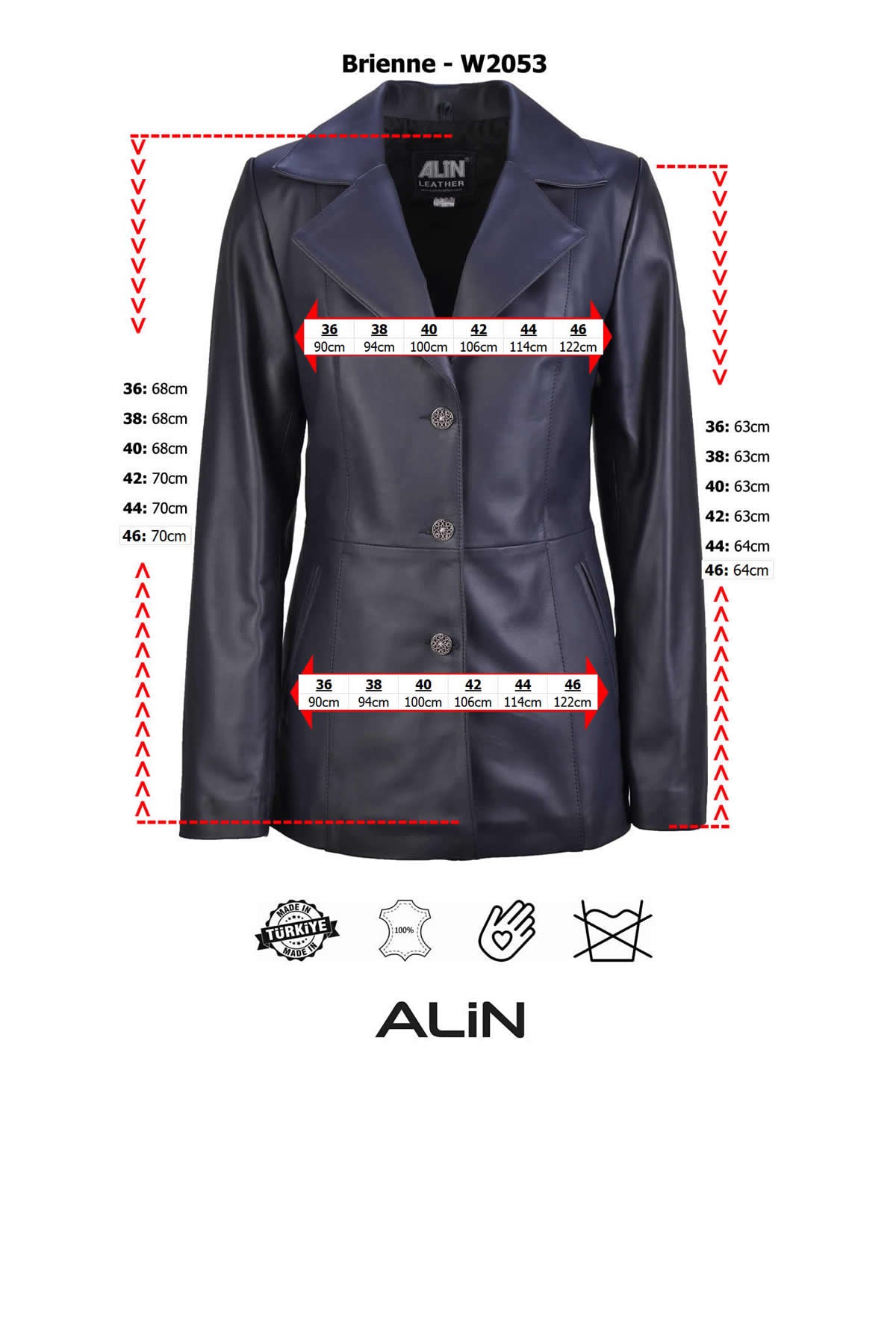Alin Deri - Brienne Siyah Blazer Hakiki Deri Ceket Kadın Beden Grafiği