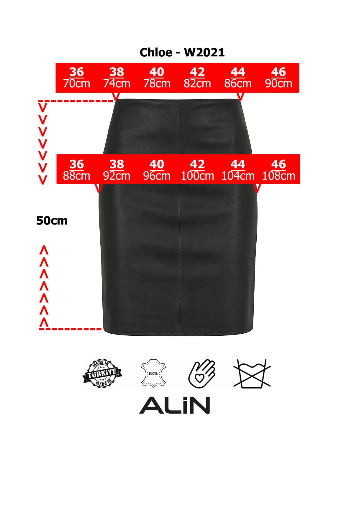 Alin Deri - Chloe Midi Boy Hakiki Deri Etek Beden Grafiği