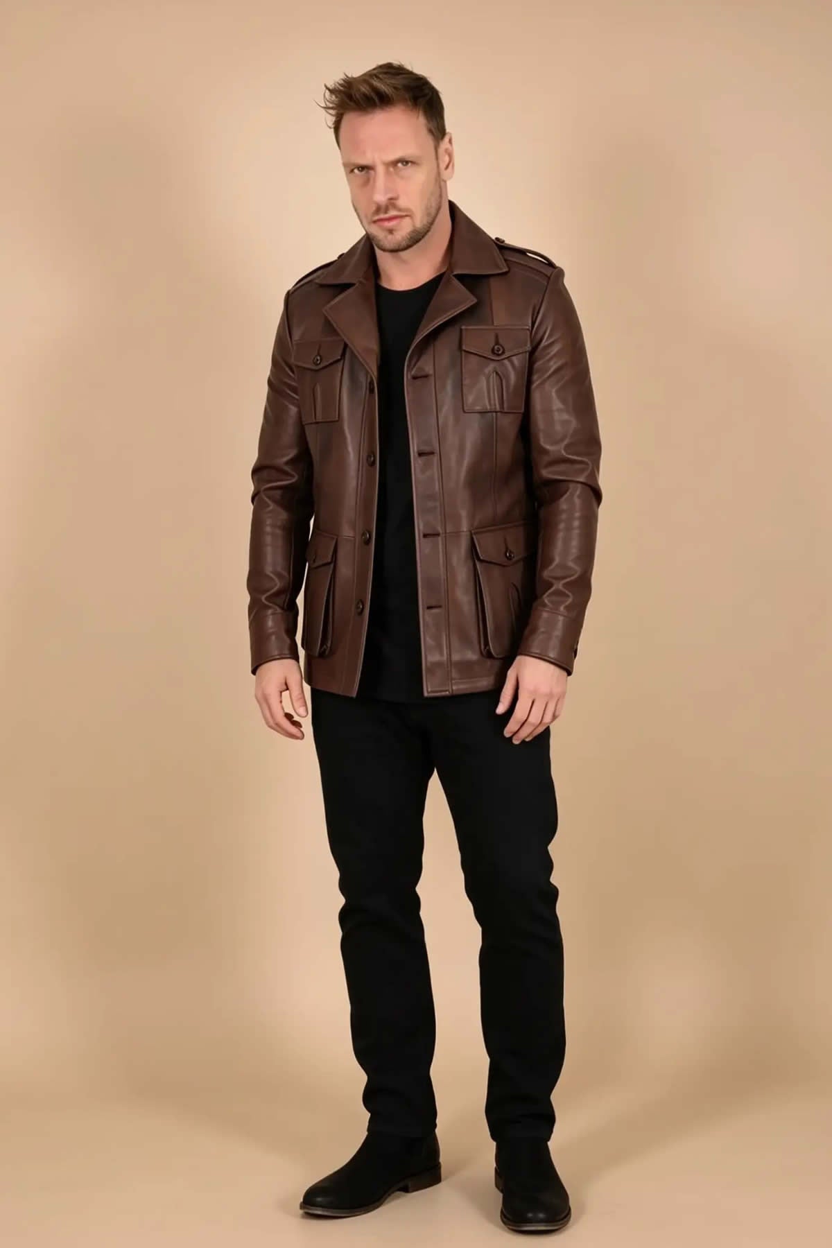 Harrison Kahverengi Safari Erkek Hakiki Deri Mont