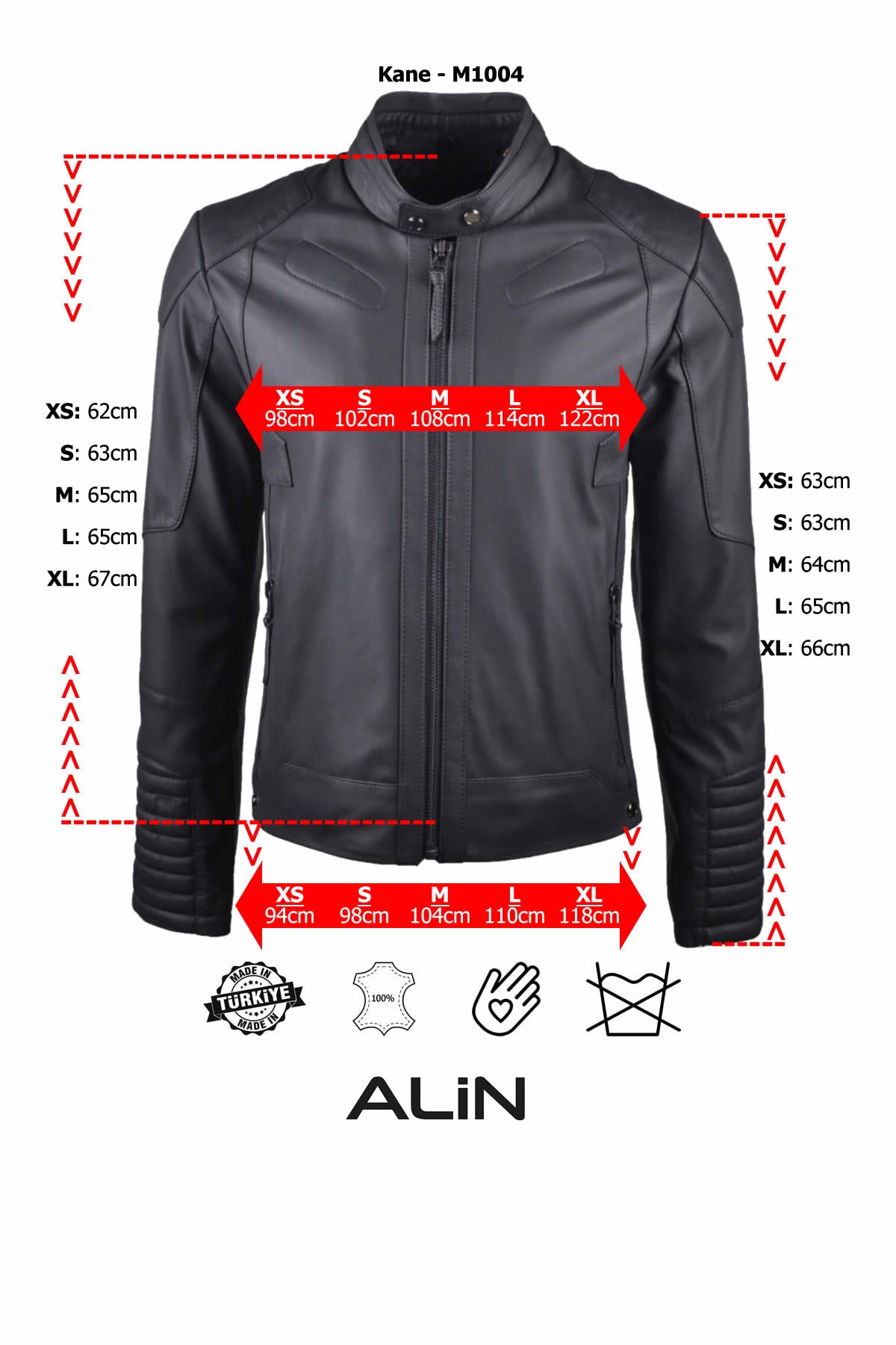 Alin Deri - Kane Fit Erkek Siyah Hakiki Deri Ceket Beden Grafiği