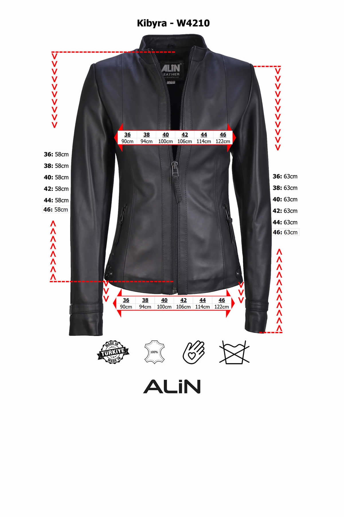 Alin Deri - Kibyra Siyah Fit Hakiki Deri Ceket Kadın Beden Grafiği