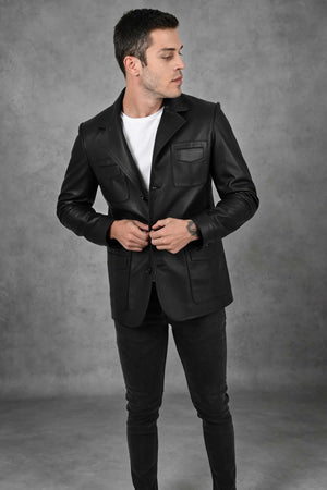 ALiN Erkek Blazer Deri Ceket Martell, Siyah Hakiki Deri