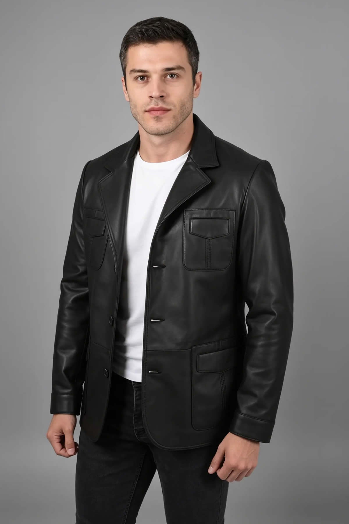 ALiN Erkek Blazer Deri Ceket Martell, Siyah Hakiki Deri
