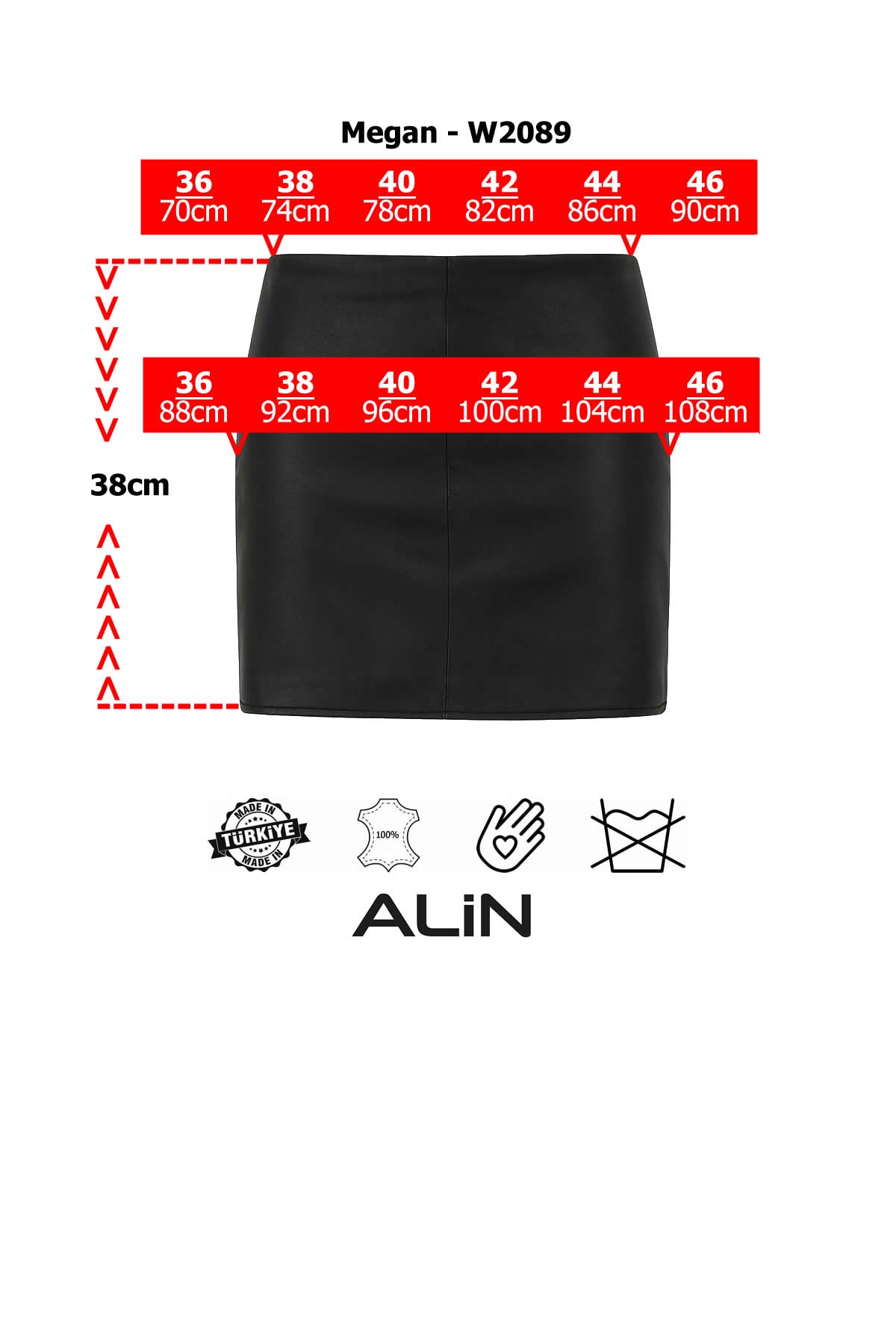 Alin Deri - Megan Mini Hakiki Deri Etek Beden Grafiği